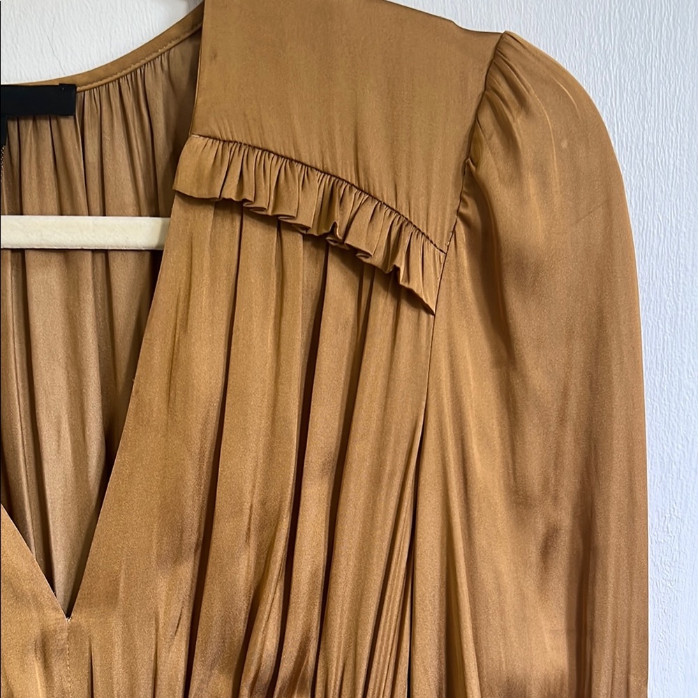 Maje Satin Ruched Rianne Gold Mini Dress - Picture 7 of 11